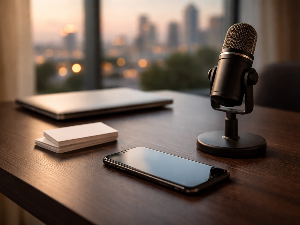 Minimal office desk with smartphone and microphone, symbolic of media-business net worth analysis