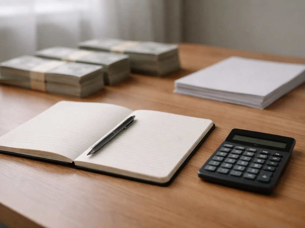 Minimal desk scene with a notebook and scattered cash, suggesting a financial estimate and low-confidence range