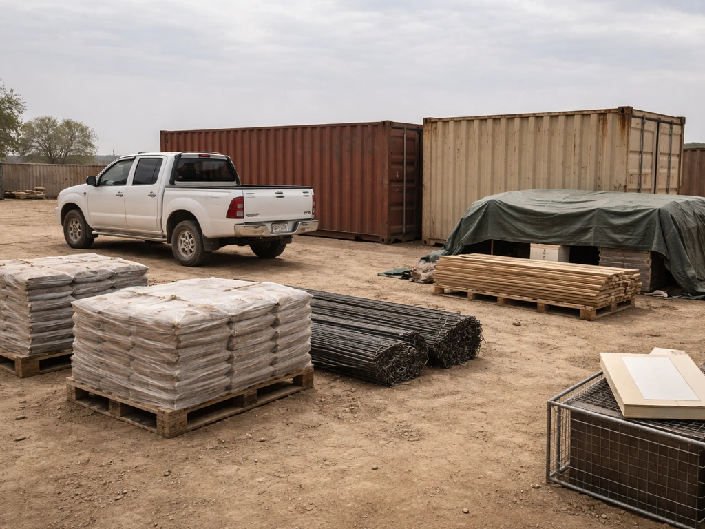 A minimal yard scene with construction materials, shipping containers, and a pickup truck for trading and contracting