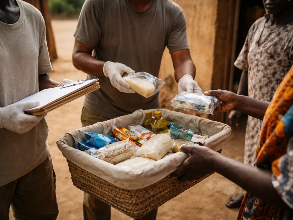 Volunteers handing out packaged supplies in a simple community setting, representing NGO aid work in South Sudan