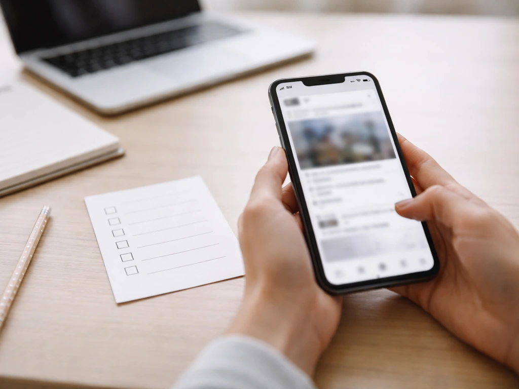 Hands holding a smartphone with a blank social feed and a checklist card beside it.