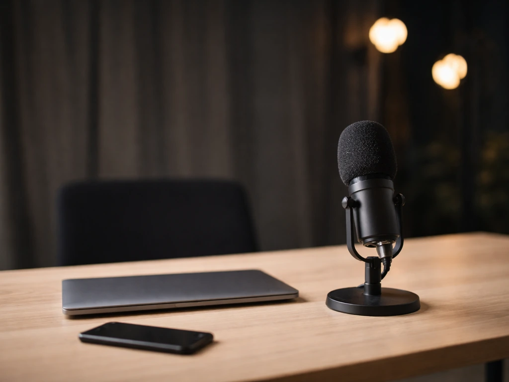 Minimal studio desk with a microphone and soft lighting, evoking media identity research without showing any person