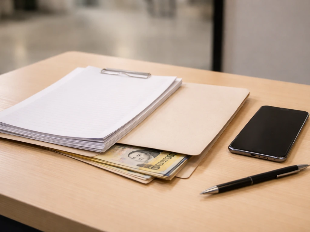 Minimal photo of a contract folder, call sheet pages, and a smartphone on a studio desk with cash nearby.