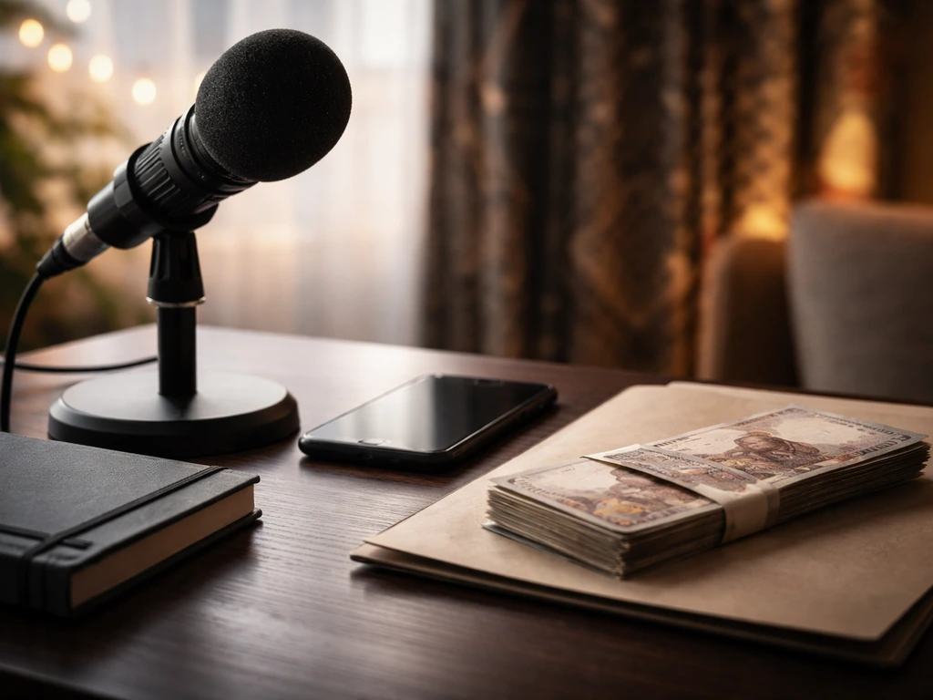 Minimal media studio desk with microphone and naira notes, symbolizing entertainment net-worth estimation.