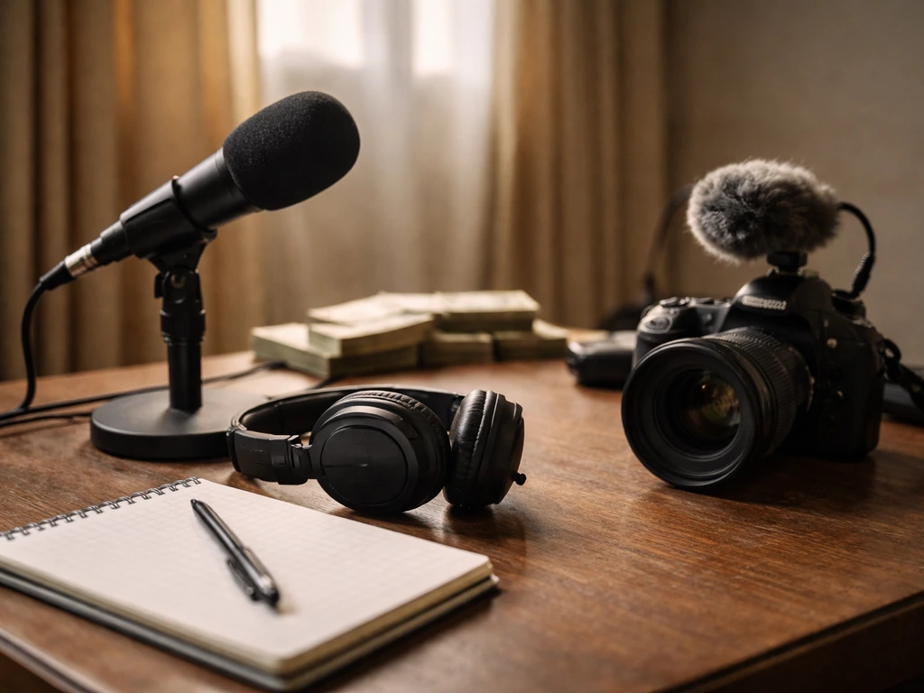 Anonymous media studio setup with microphone and camera, symbolizing film work and searched net worth.