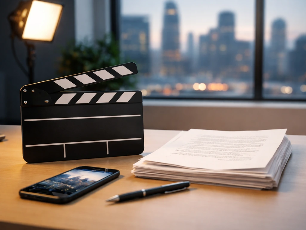 Minimal studio desk with clapperboard, script pages, and a phone—symbolic media and wealth analysis theme.