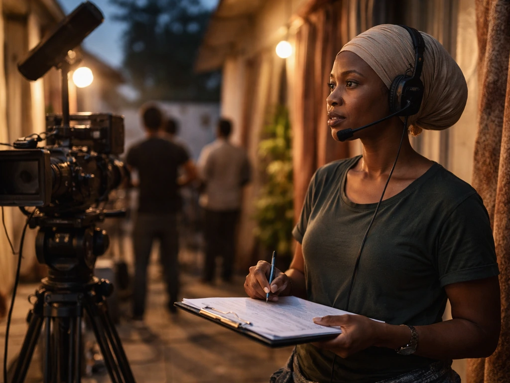 Anonymous producer on a Nollywood film set, near a camera and lights, coordinating behind-the-scenes work.