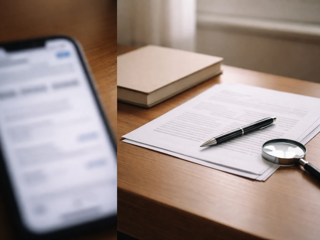 Split-style photo showing a misleading web page glow versus a calm desk with verified documents and a notebook.