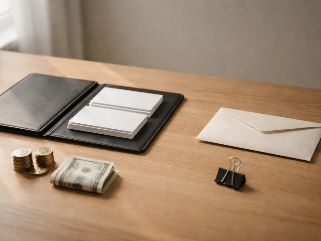 Minimal desk scene with scattered cash, a portfolio folder, and a closed envelope symbolizing assets minus liabilities