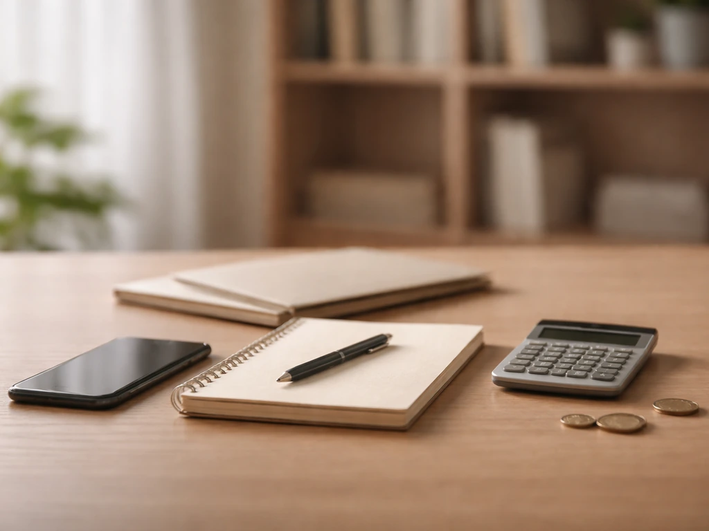 Minimal desk scene with smartphone, calculator, notebook, and coins suggesting financial uncertainty.