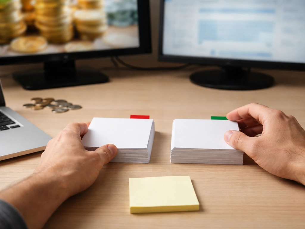 Person at a desk looks at two blurred screens showing money and media clues, separating domain value vs net worth.