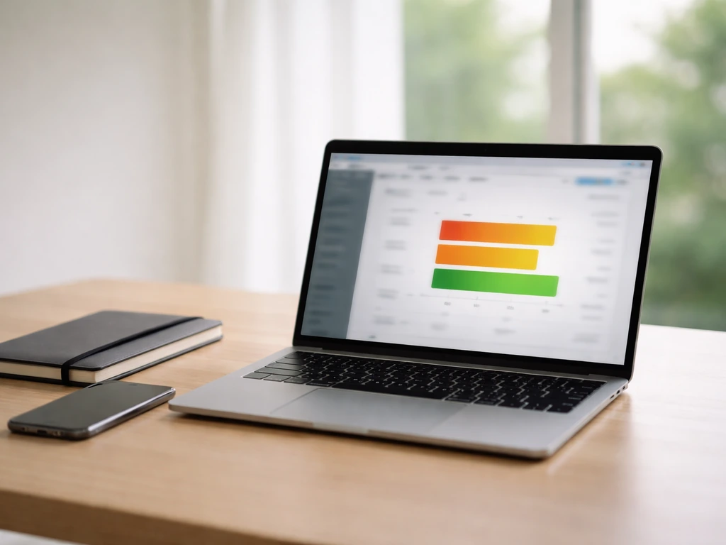Minimal desk scene with a laptop showing three abstract low/base/high value bands.