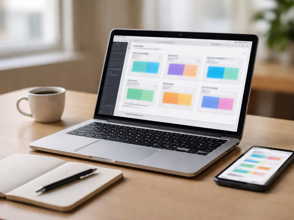 Minimal desk scene with laptop and phone showing blurred, non-text analytics tiles for public evidence research.