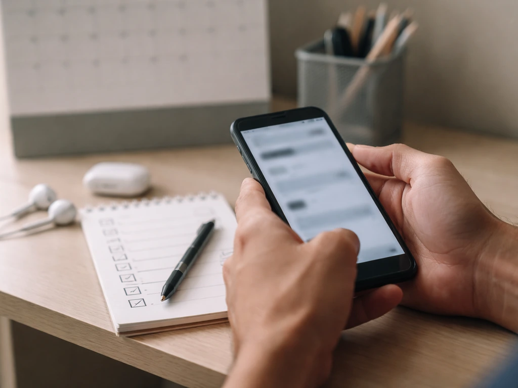 Anonymous hands using a smartphone at a desk with a blank checklist notepad and reminder calendar.