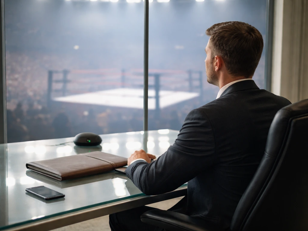 Anonymous executive in a minimalist WWE-style office reviewing talent development plans at a desk