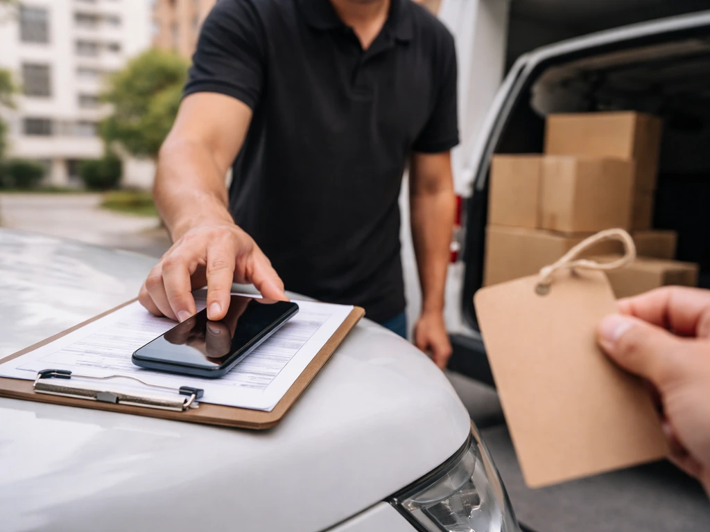 Anonymous moving worker coordinating logistics with a smartphone next to boxes and a van