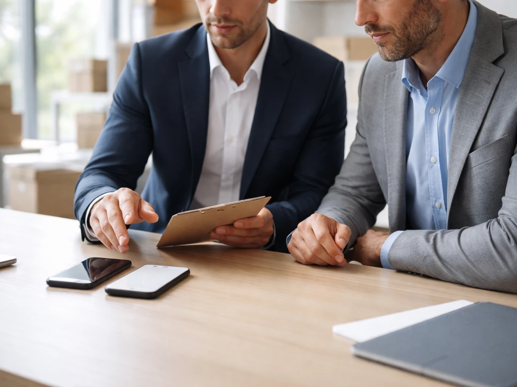 Two anonymous business leaders in a bright office discussing logistics gear on a desk