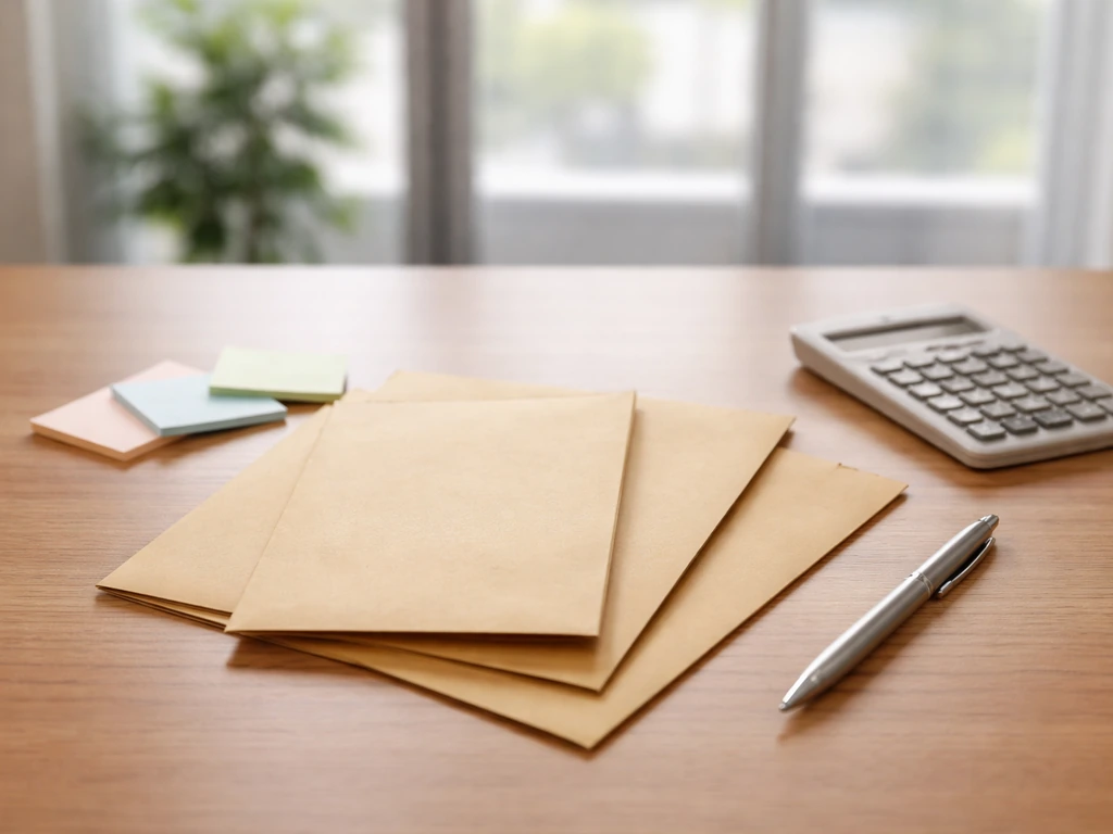 Minimal desk scene with layered sticky notes and a small stack of envelopes symbolizing triangulated business estimates.