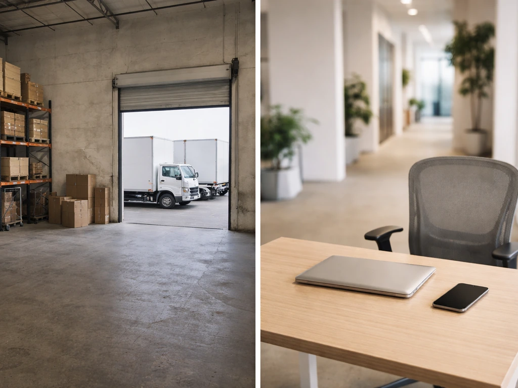 Split scene: warehouse trucks on one side, minimal desk workspace on the other.
