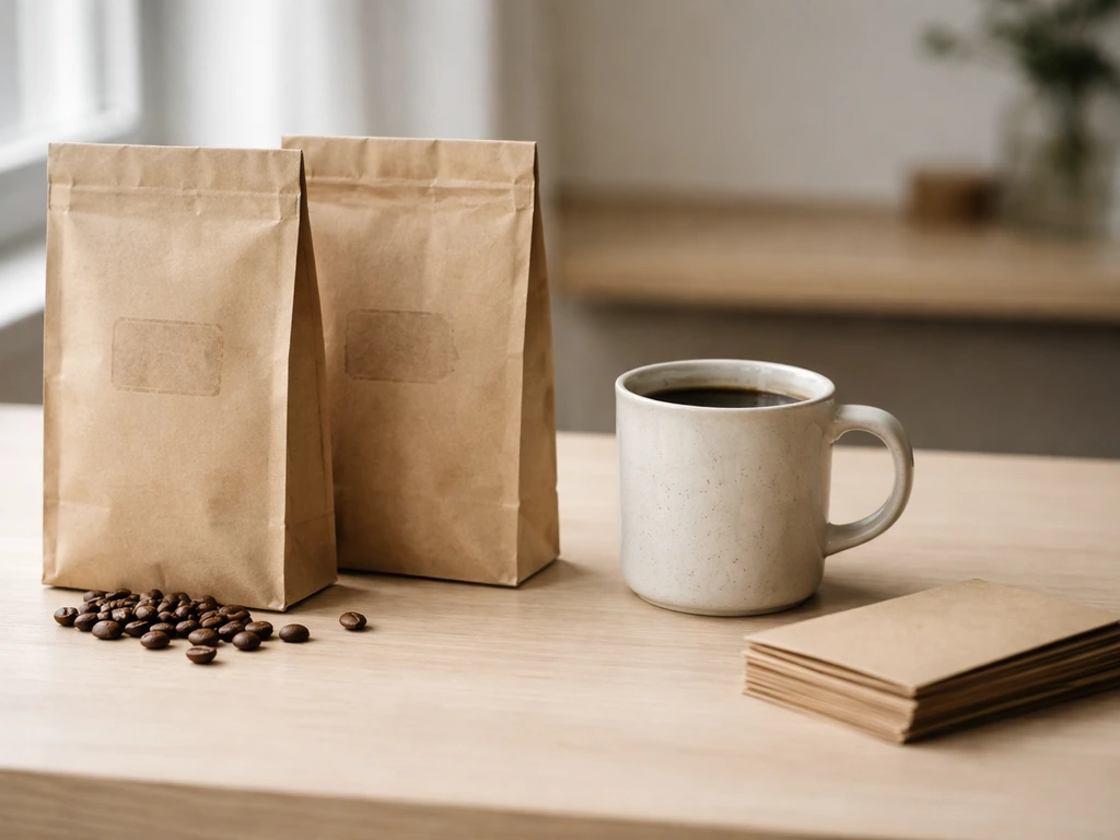Kraft coffee bags and spilled coffee beans on a table, symbolizing a coffee brand identity versus a person.