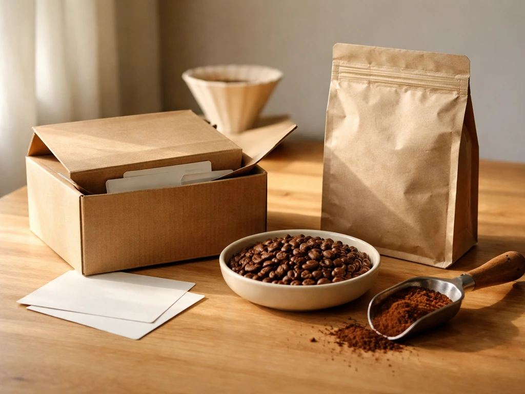 Still life of coffee beans and ground coffee beside a small parcel box, representing direct-to-consumer sales.