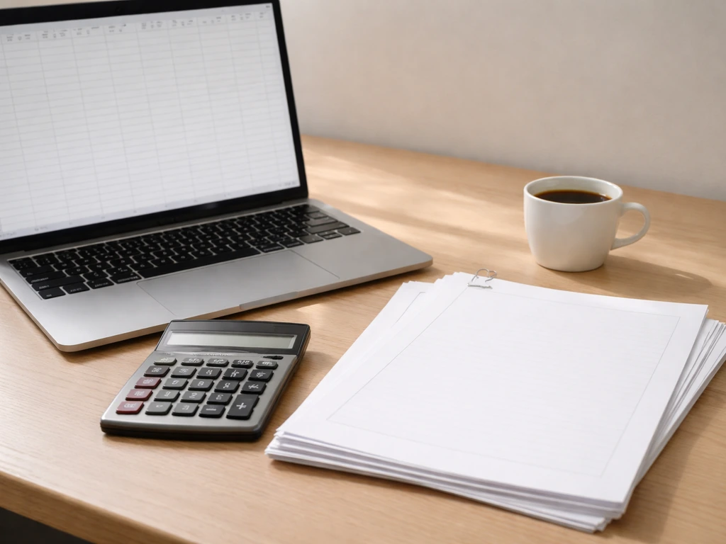 Minimal desk with laptop spreadsheet grid, calculator, blank valuation worksheets, and coffee cup for estimating net wor