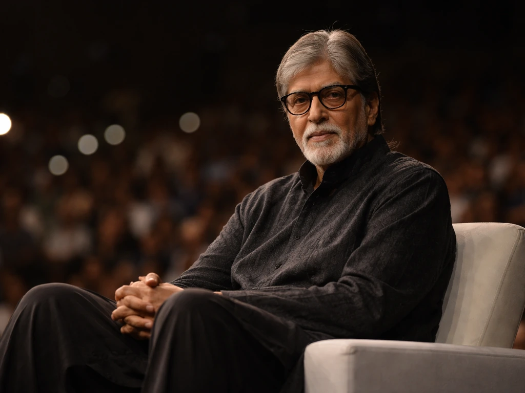 Amitabh Bachchan seated at a theater event with warm lights softly blurred behind him.