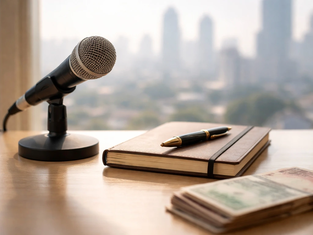 Minimal finance-themed desk scene with blurred city skyline and cash-like texture, suggesting a net worth estimate conte