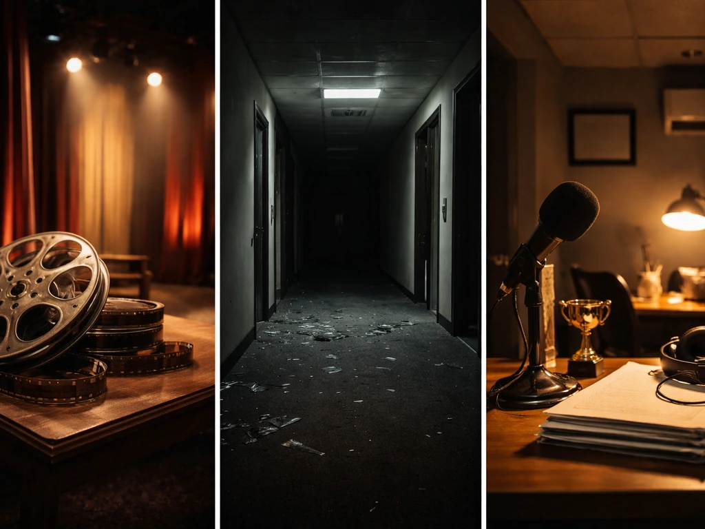 Minimal triptych-style photo: film reel for rise, dark empty corridor for crash, warm studio desk for comeback.