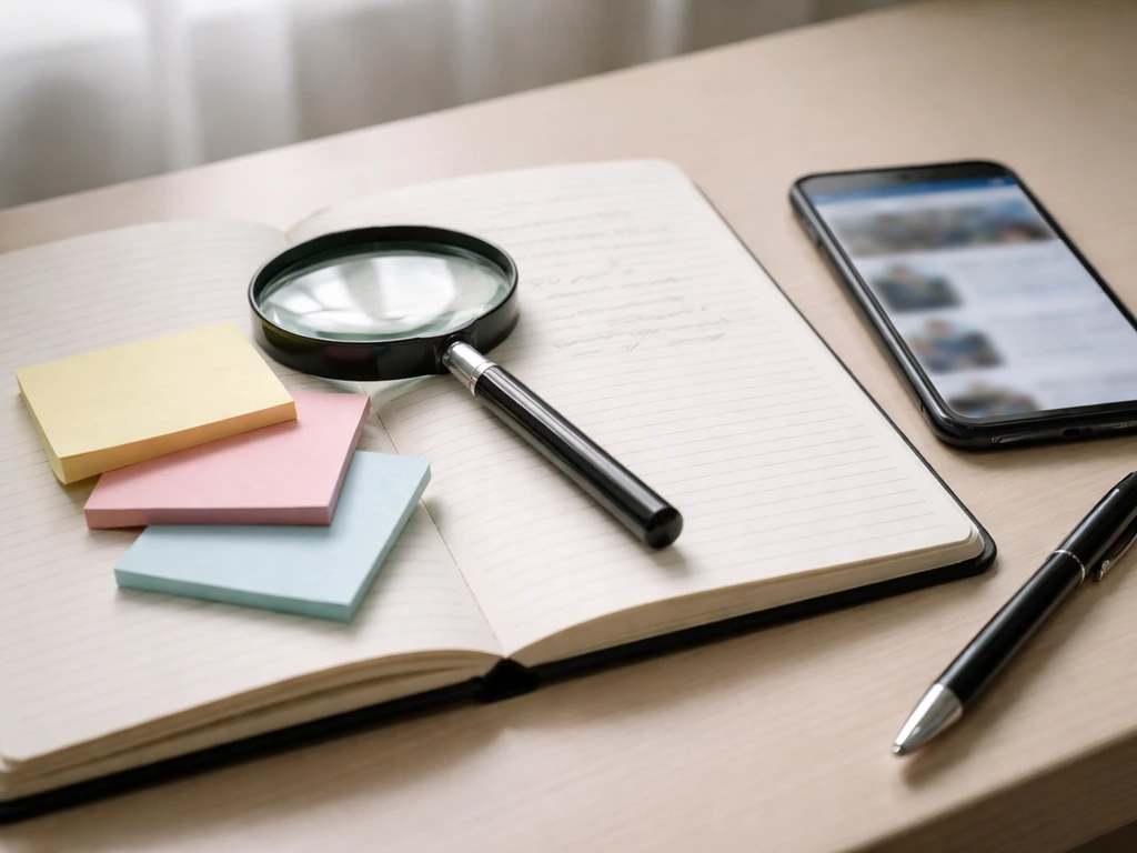 Open notebook with magnifying glass and blank notes on a desk, symbolizing checking net-worth data sources.