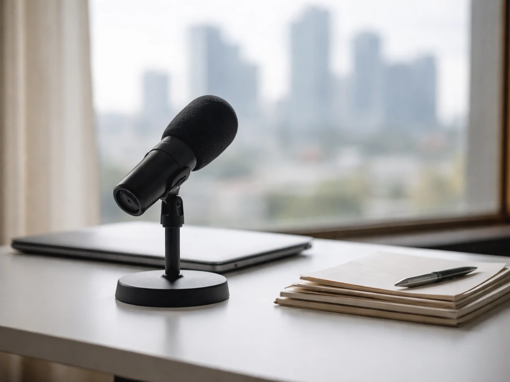 Minimal office desk scene with a muted microphone and laptop, suggesting media identity verification