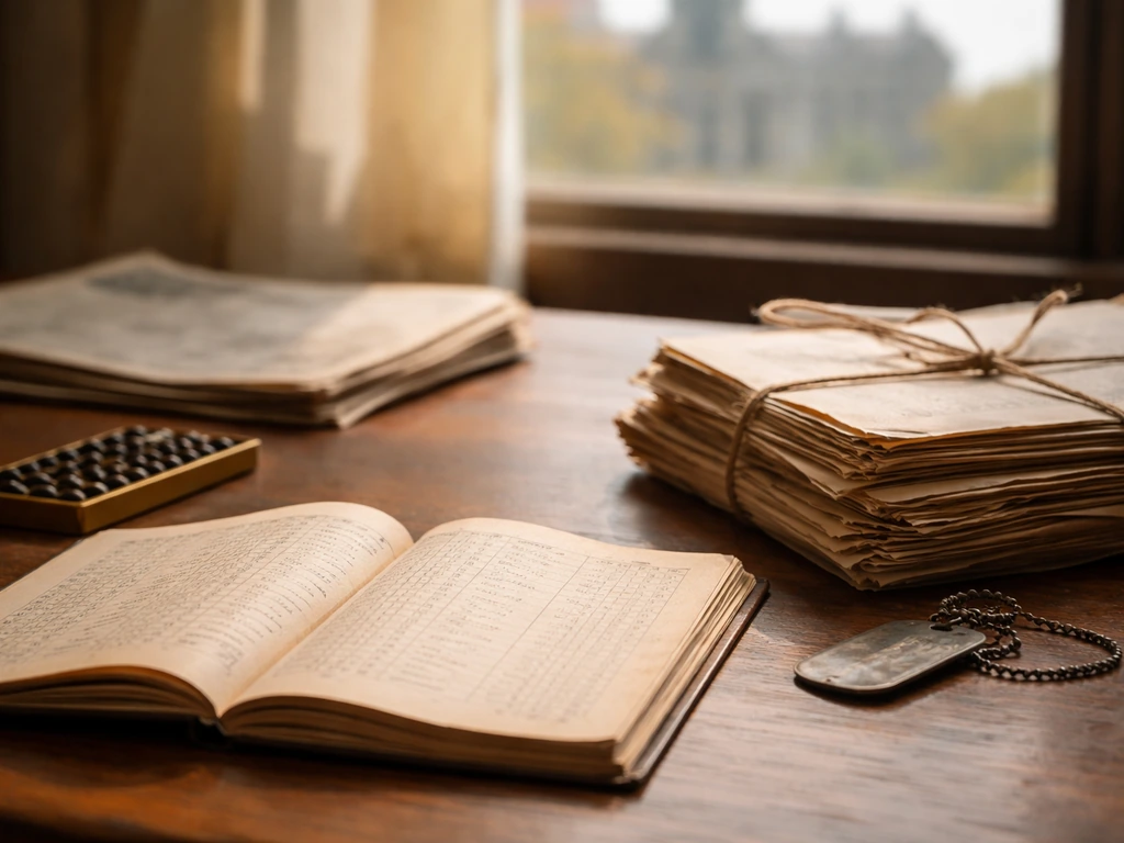 Minimal photo of a desk with vintage ledger, abacus, and aged documents symbolizing layered career phases.