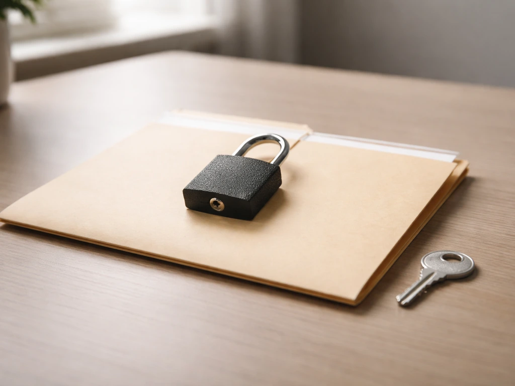 Minimal close-up of a locked folder and a single key on a desk, symbolizing private business ownership.