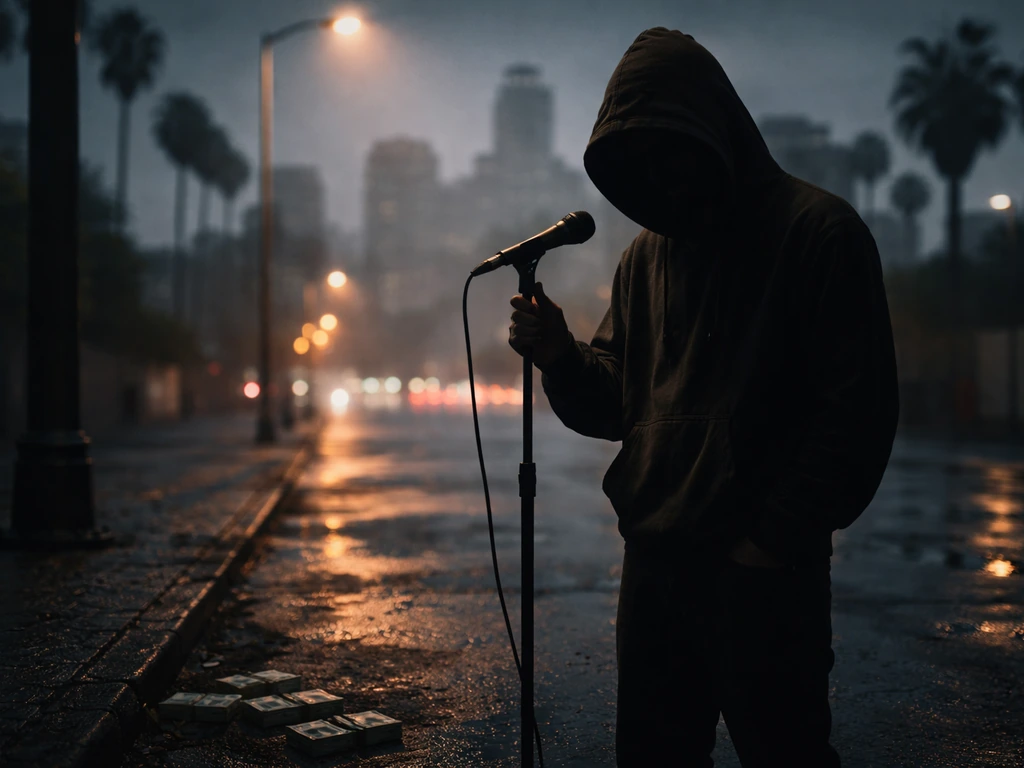 Moody LA street scene with a hooded figure’s silhouette beside a microphone and cash-like props, no face shown.