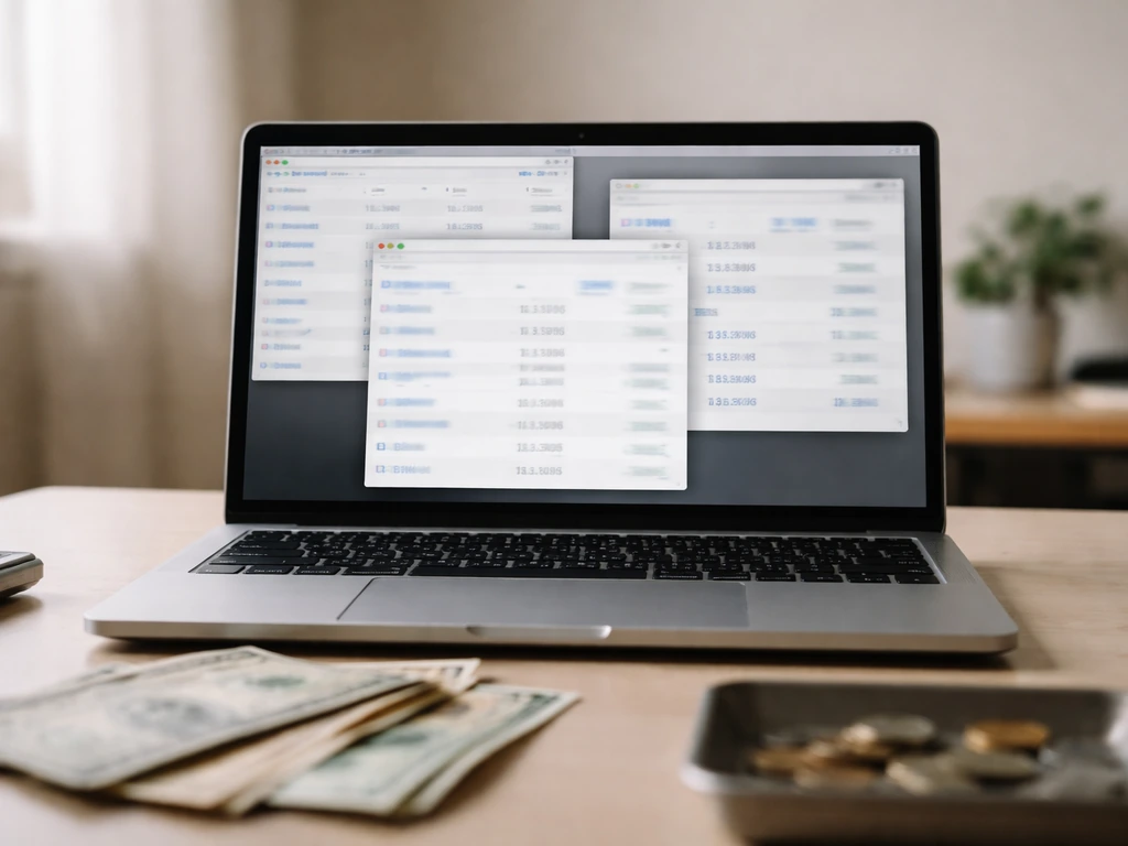 Open laptop showing blurred, contrasting celebrity net worth estimates on different browser windows, symbolic money them