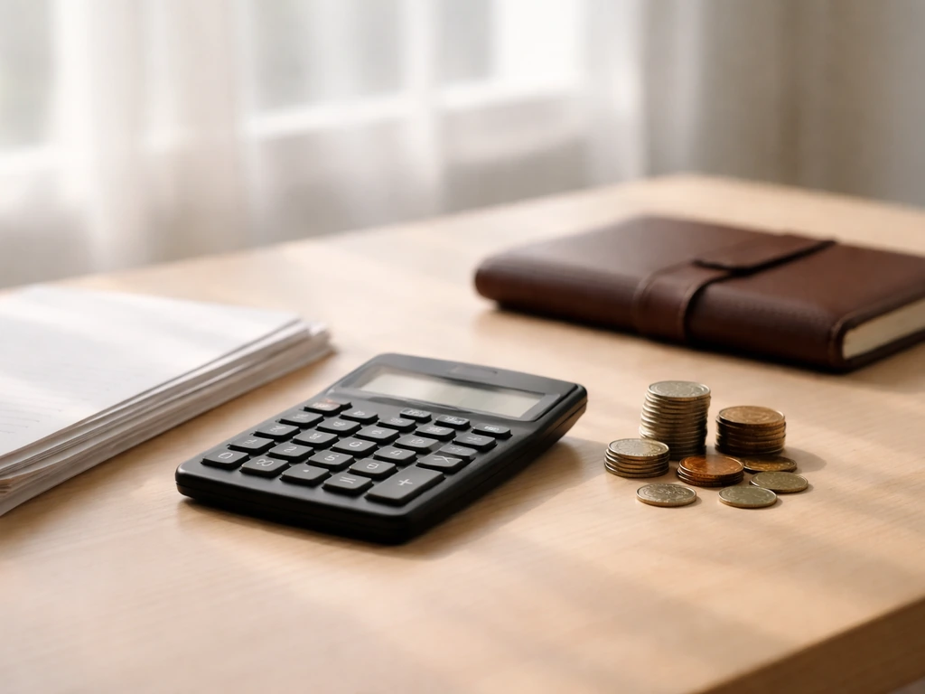 Calculator beside documents and coins on a light wood desk, symbolizing assets minus liabilities.