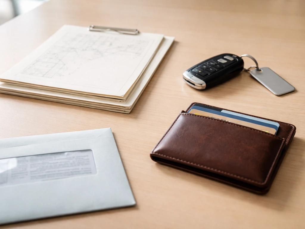 Close-up of blank asset-related documents, car keys, and wallet on a clean table.