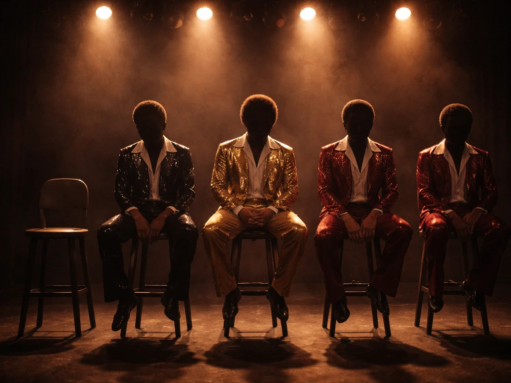 Vintage disco band lineup scene with two empty silhouettes among five performers, suggesting most are alive at death dis