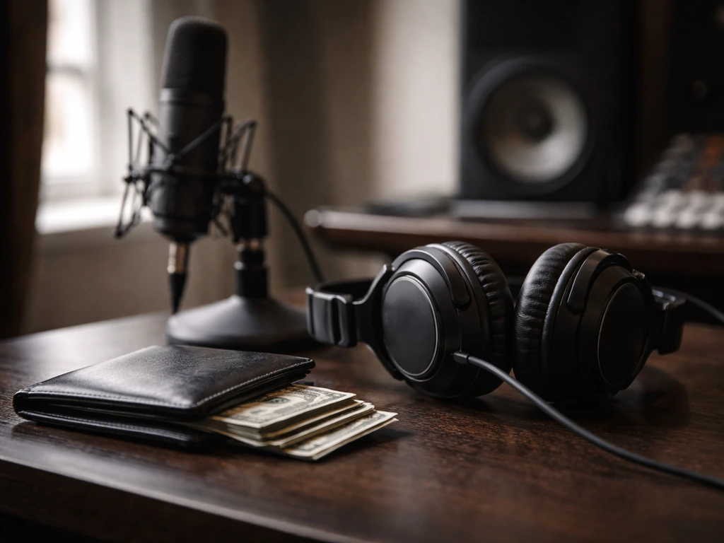 Minimal music-studio desk with headphones, microphone, and money symbols—no people shown.