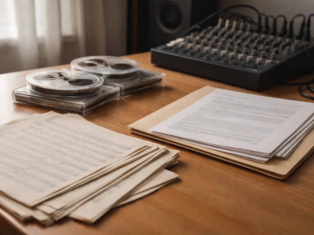 Minimal studio scene with music sheets, old master tapes, and a folder of licensing documents on a desk.